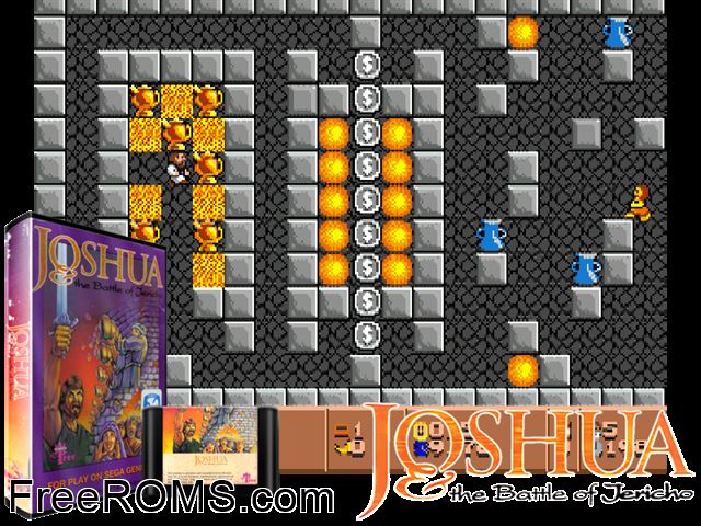 Joshua And the Battle of Jericho Genesis game showing 3D box cover and gameplay screenshot