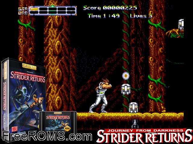 Journey From Darkness - Strider Returns Genesis game showing 3D box cover and gameplay screenshot