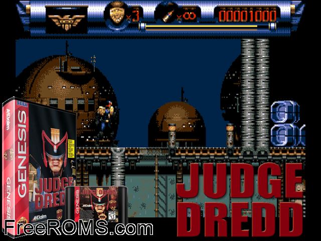 Judge Dredd Genesis game showing 3D box cover and gameplay screenshot