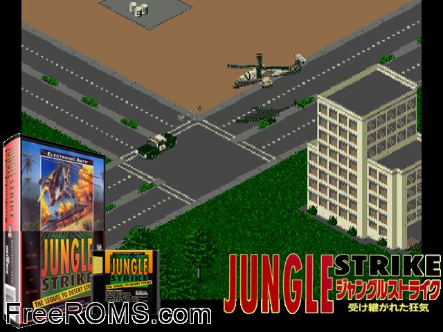 Jungle Strike (Beta) Genesis game showing 3D box cover and gameplay screenshot