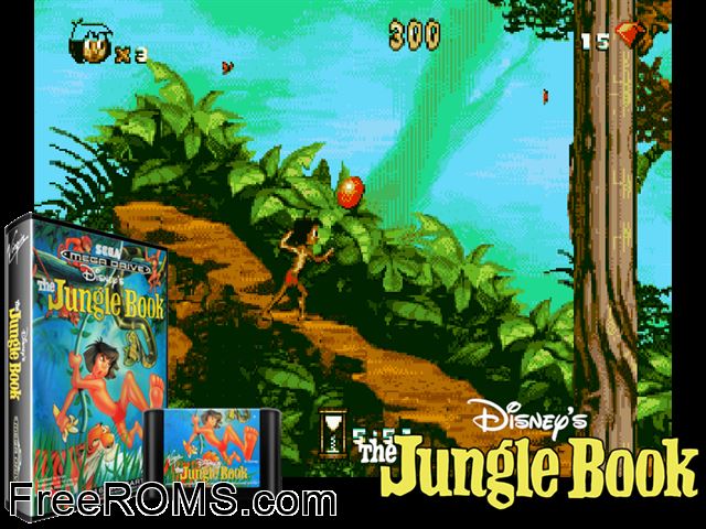 Jungle Book Genesis game showing 3D box cover and gameplay screenshot