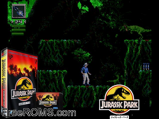 Jurassic Park (Japan) Genesis game showing 3D box cover and gameplay screenshot