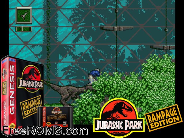 Jurassic Park: Rampage Editiion Genesis game showing 3D box cover and gameplay screenshot