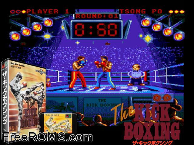 Kick Boxing, The (Japan) Genesis game showing 3D box cover and gameplay screenshot