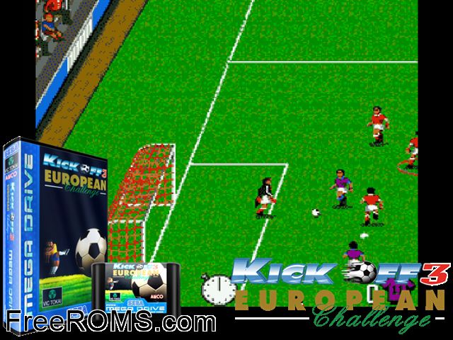 Kick Off 3 - European Challenge Genesis game showing 3D box cover and gameplay screenshot