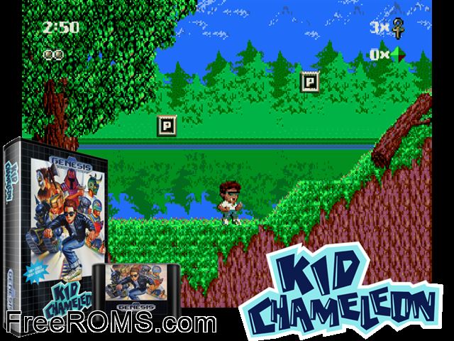 Kid Chameleon Genesis game showing 3D box cover and gameplay screenshot