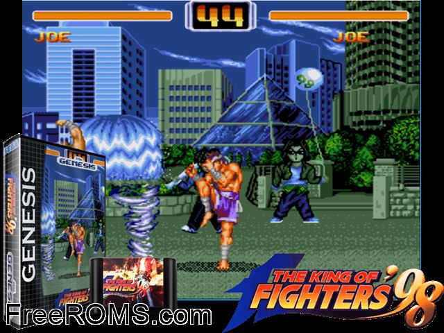 King of Fighters '98, The Genesis game showing 3D box cover and gameplay screenshot