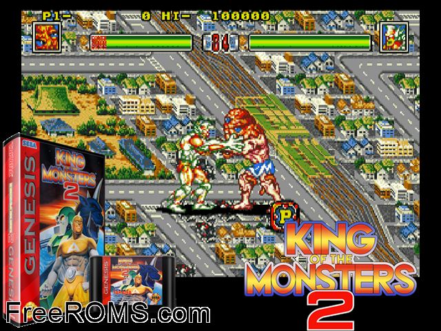King of the Monsters 2 Genesis game showing 3D box cover and gameplay screenshot