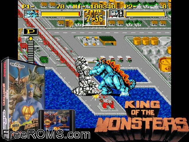 King of the Monsters Genesis game showing 3D box cover and gameplay screenshot