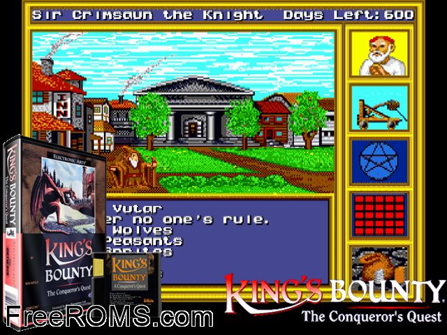 King's Bounty Genesis game showing 3D box cover and gameplay screenshot