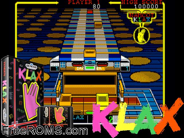 KLAX Genesis game showing 3D box cover and gameplay screenshot