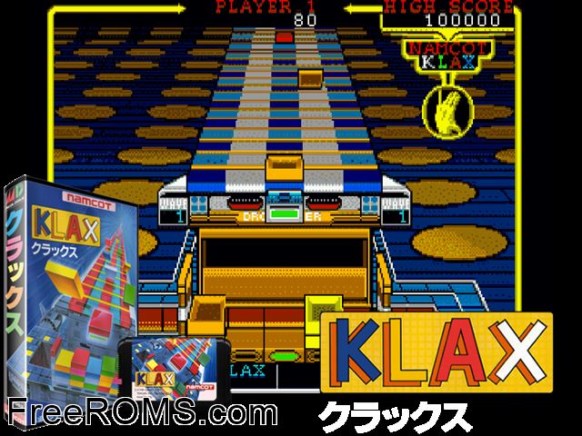 Klax (Japan) Genesis game showing 3D box cover and gameplay screenshot
