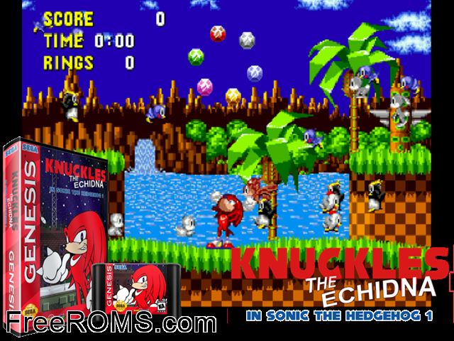 Knuckles in Sonic 2 Green Hill Zone by Hivebrain V0.2 (SK Hack) Genesis game showing 3D box cover and gameplay screenshot