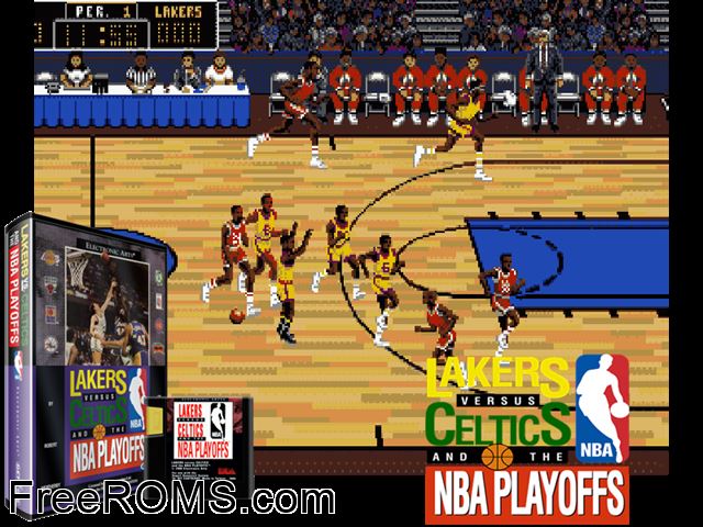 Lakers vs Celtics and the NBA Playoffs Genesis game showing 3D box cover and gameplay screenshot