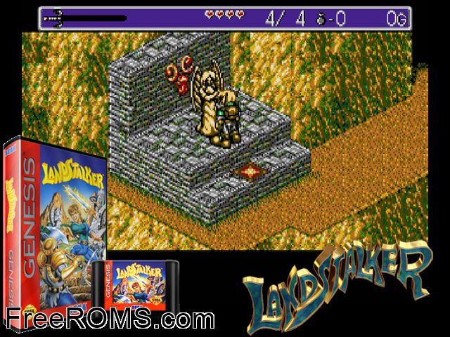 Land Stalker Genesis game showing 3D box cover and gameplay screenshot