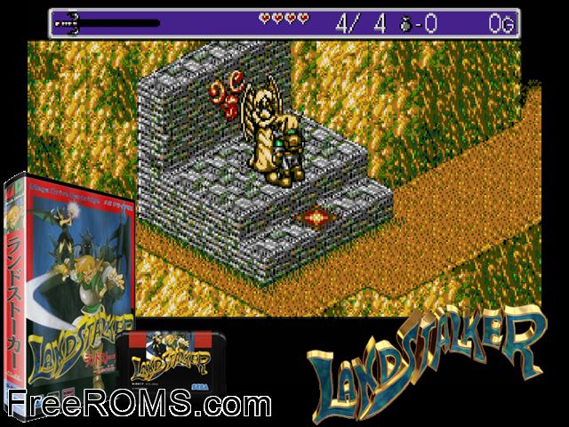 Landstalker - Koutei no Zaihou (Japan) Genesis game showing 3D box cover and gameplay screenshot
