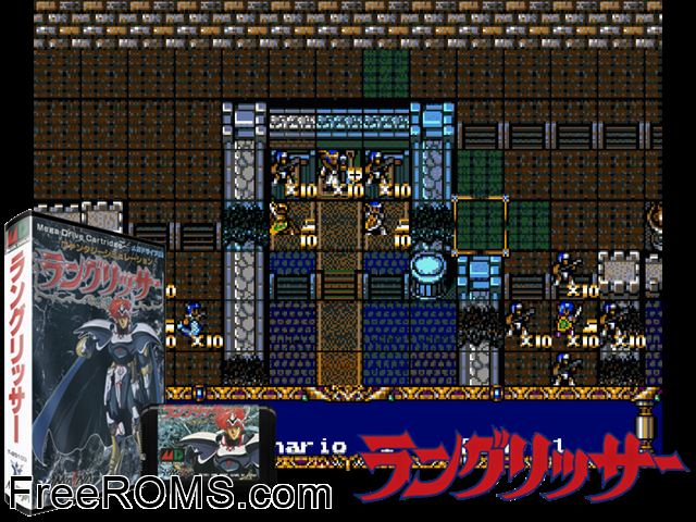 Langrisser (Japan) Genesis game showing 3D box cover and gameplay screenshot