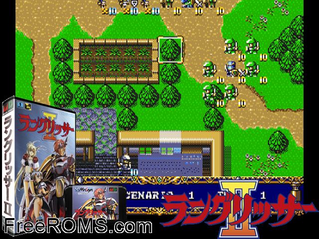 Langrisser II (REV01) Genesis game showing 3D box cover and gameplay screenshot