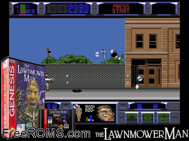 Lawnmower Man Genesis game showing 3D box cover and gameplay screenshot
