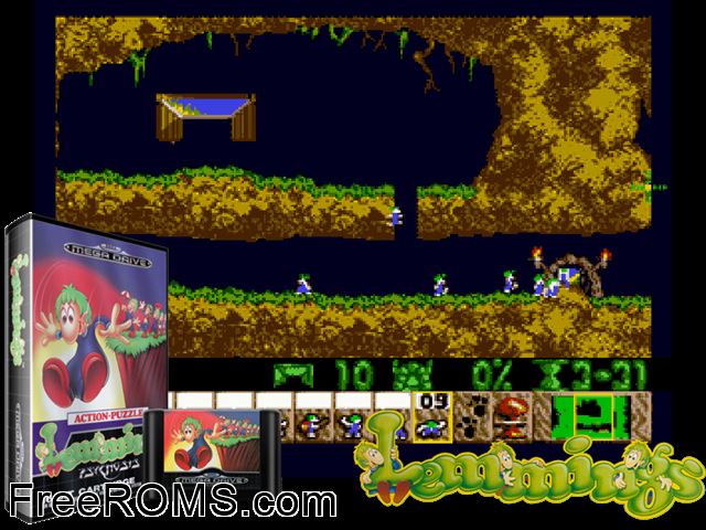Lemmings Genesis game showing 3D box cover and gameplay screenshot