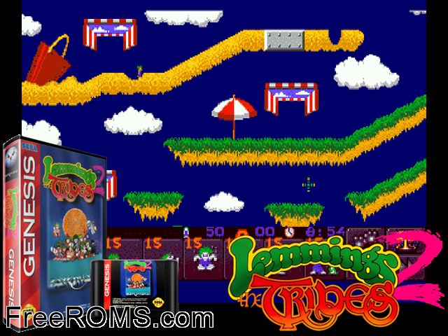 Lemmings 2 - The Tribes Genesis game showing 3D box cover and gameplay screenshot