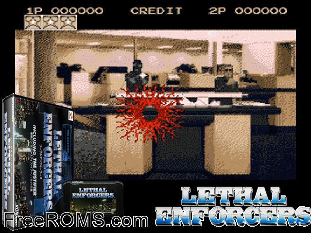 Lethal Enforcers (Japan) Genesis game showing 3D box cover and gameplay screenshot