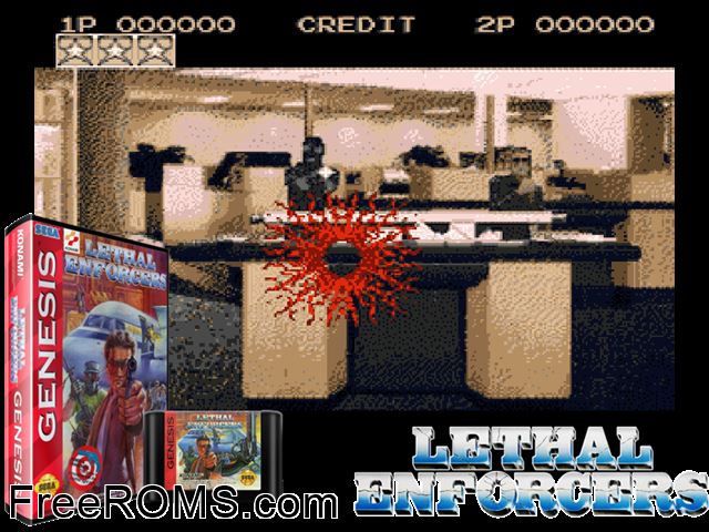 Lethal Enforcers Genesis game showing 3D box cover and gameplay screenshot