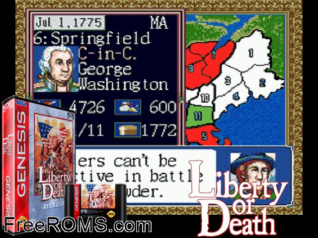 Liberty or Death Genesis game showing 3D box cover and gameplay screenshot