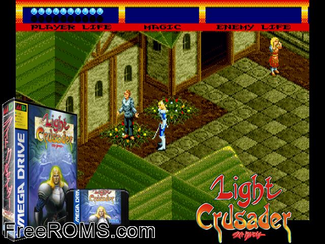 Light Crusader (Japan) Genesis game showing 3D box cover and gameplay screenshot