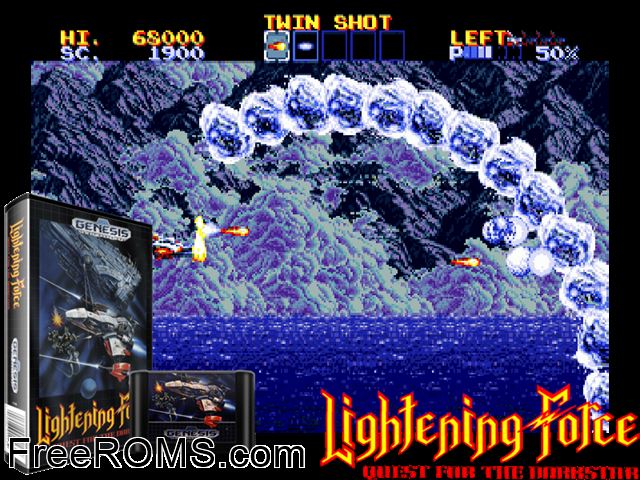Lightening Force - Quest for the Darkstar Genesis game showing 3D box cover and gameplay screenshot