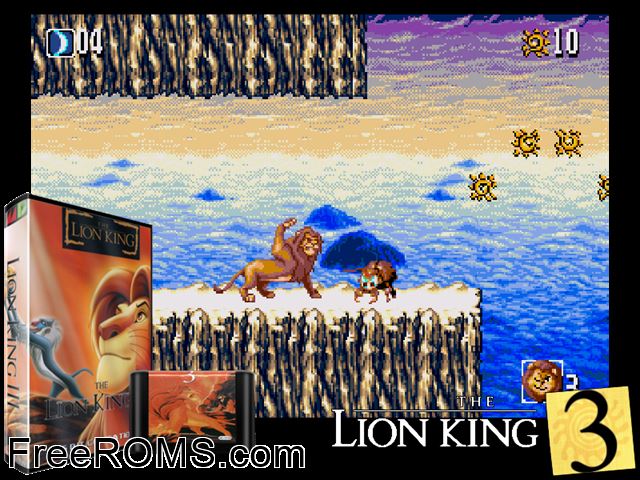 Lion King 3 Genesis game showing 3D box cover and gameplay screenshot