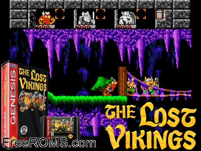 Lost Vikings Genesis game showing 3D box cover and gameplay screenshot