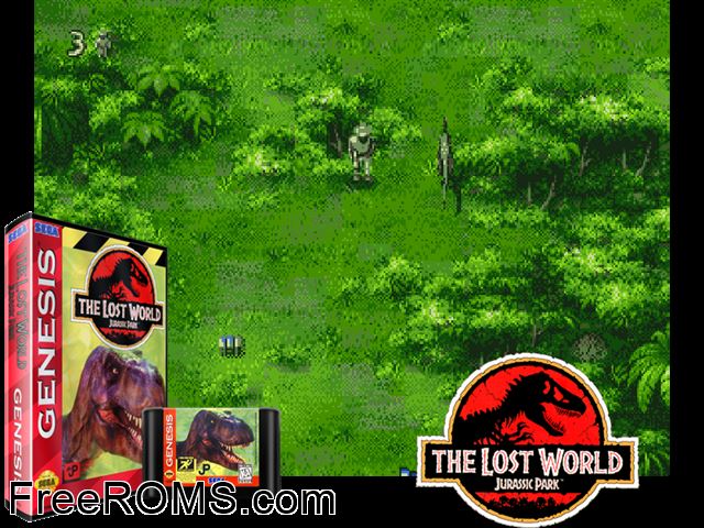 Jurassic Park: Lost World Genesis game showing 3D box cover and gameplay screenshot
