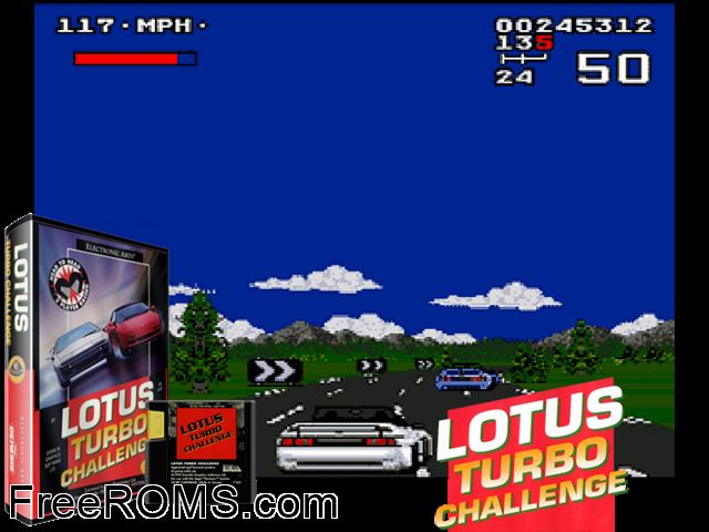 Lotus Turbo Challenge Genesis game showing 3D box cover and gameplay screenshot