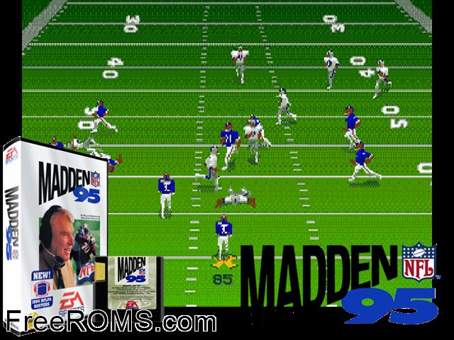 Madden NFL 95 Genesis game showing 3D box cover and gameplay screenshot