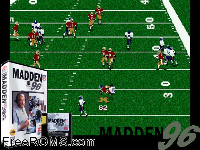 Madden NFL 96 Genesis game showing 3D box cover and gameplay screenshot