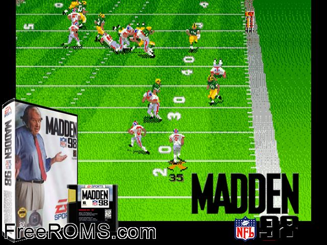 Madden NFL 98 Genesis game showing 3D box cover and gameplay screenshot
