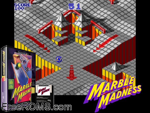 Marble Madness Genesis game showing 3D box cover and gameplay screenshot