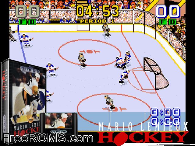 Mario Lemieux Hockey Genesis game showing 3D box cover and gameplay screenshot