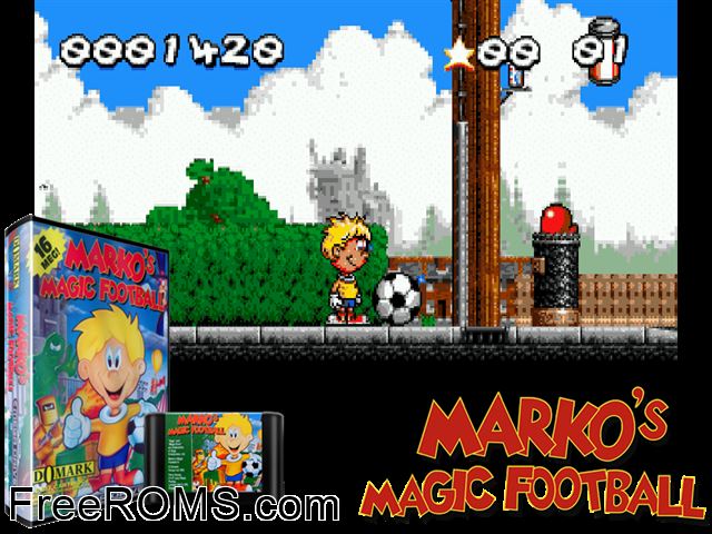 Marko's Magic Football Genesis game showing 3D box cover and gameplay screenshot
