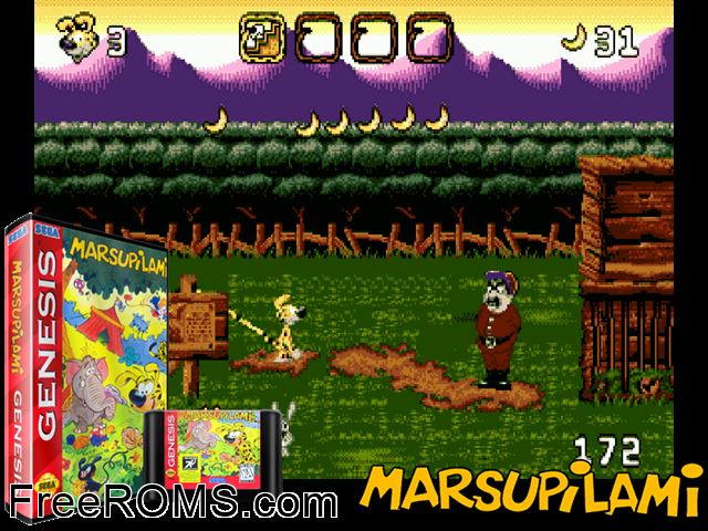 Marsupilami Genesis game showing 3D box cover and gameplay screenshot