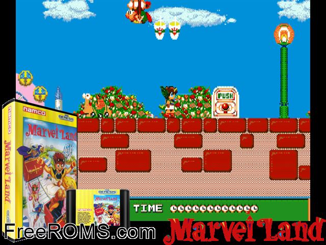 Marvel Land Genesis game showing 3D box cover and gameplay screenshot