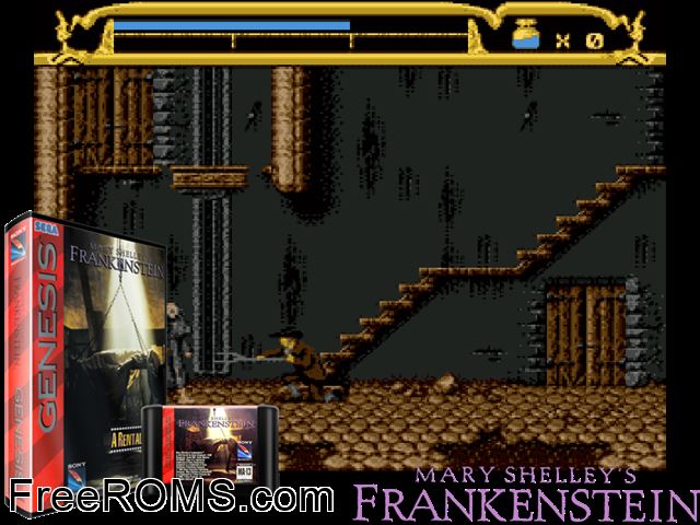 Mary Shelley's Frankenstein Genesis game showing 3D box cover and gameplay screenshot