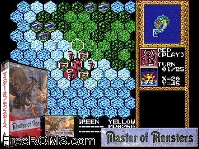 Master of Monsters (Japan) Genesis game showing 3D box cover and gameplay screenshot