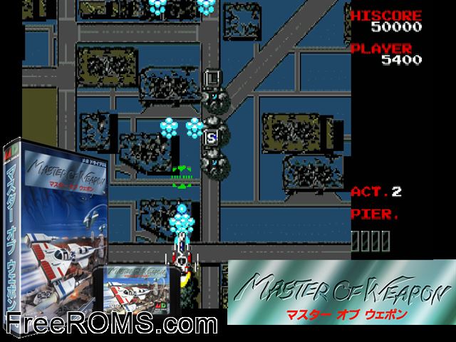 Master of Weapon (Japan) Genesis game showing 3D box cover and gameplay screenshot