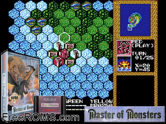 Master of Monsters Genesis game showing 3D box cover and gameplay screenshot