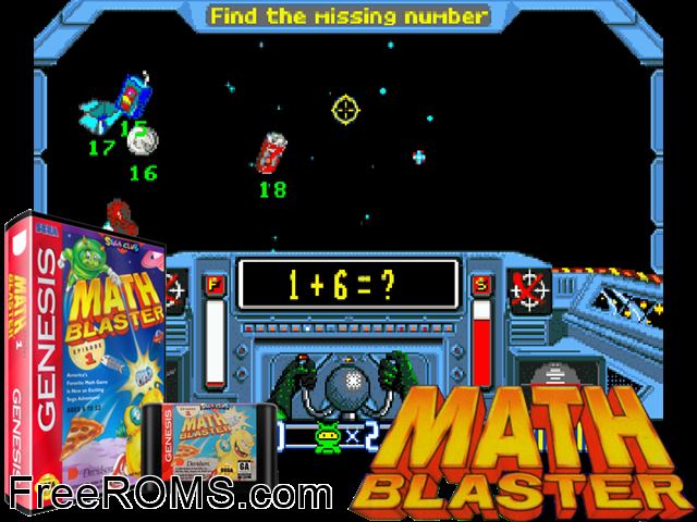 Math Blaster - Episode 1 Genesis game showing 3D box cover and gameplay screenshot