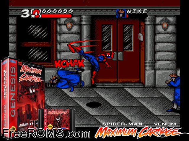 Maximum Carnage Genesis game showing 3D box cover and gameplay screenshot