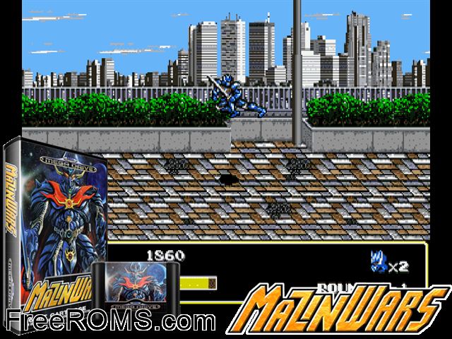 Mazin Wars Genesis game showing 3D box cover and gameplay screenshot