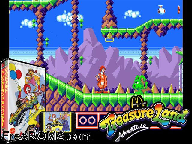 McDonald's Treasure Land Adventure (Japan) Genesis game showing 3D box cover and gameplay screenshot